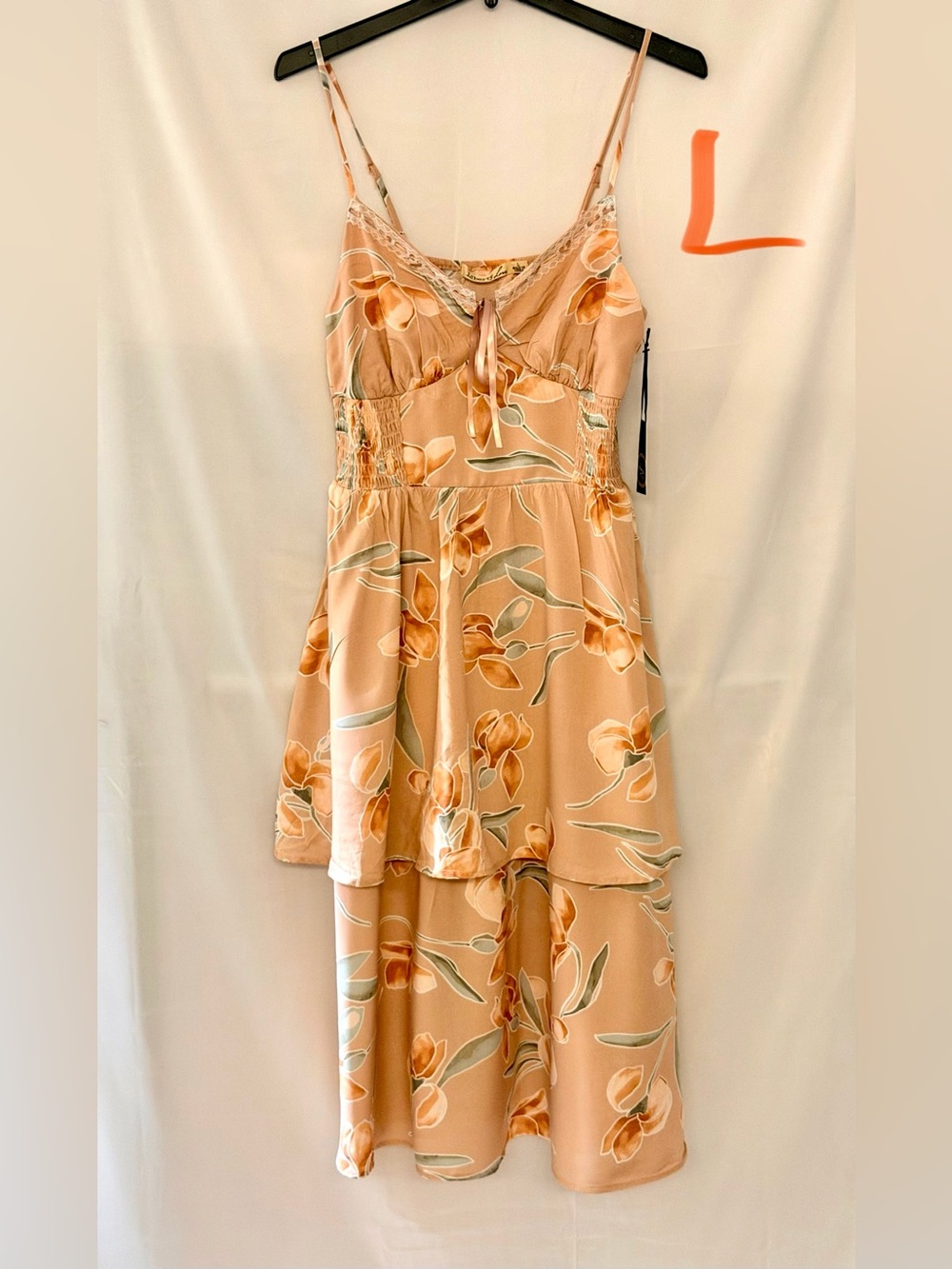 Liberty Love Peach Floral High-Low Sundress with Green Leaf Accents